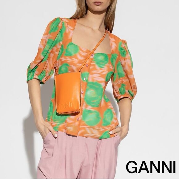GANNI **NWT** Button-Up Puff Sleeve Crepe Blouse Vibrant Orange / Green Floral - Picture 1 of 16